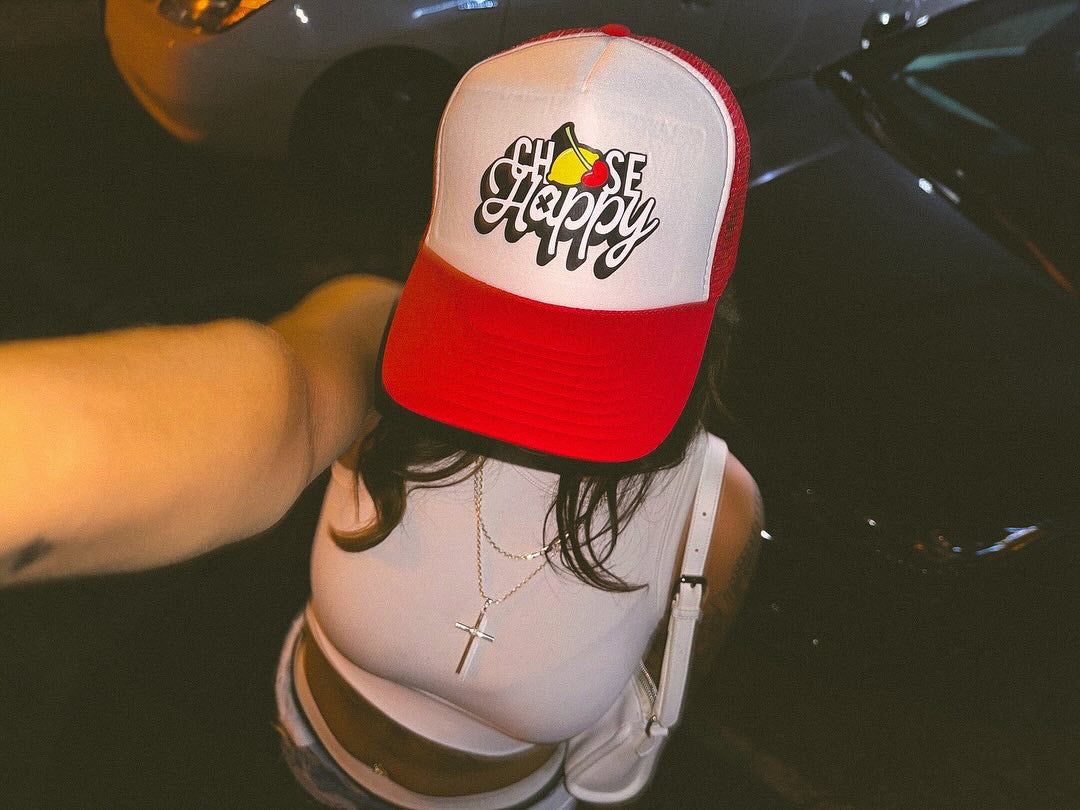 "Choose Happy" Red & White  Trucker Hat-Unisex